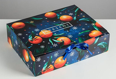 Картонная складная коробка “Шкатулка” на Новый год, с индивидуальной печатью и атласной лентой (бантом)